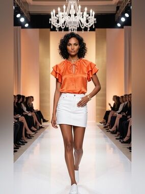 Steve Madden Coral Top with Double Ruffle Sleeves & ties at the neck.